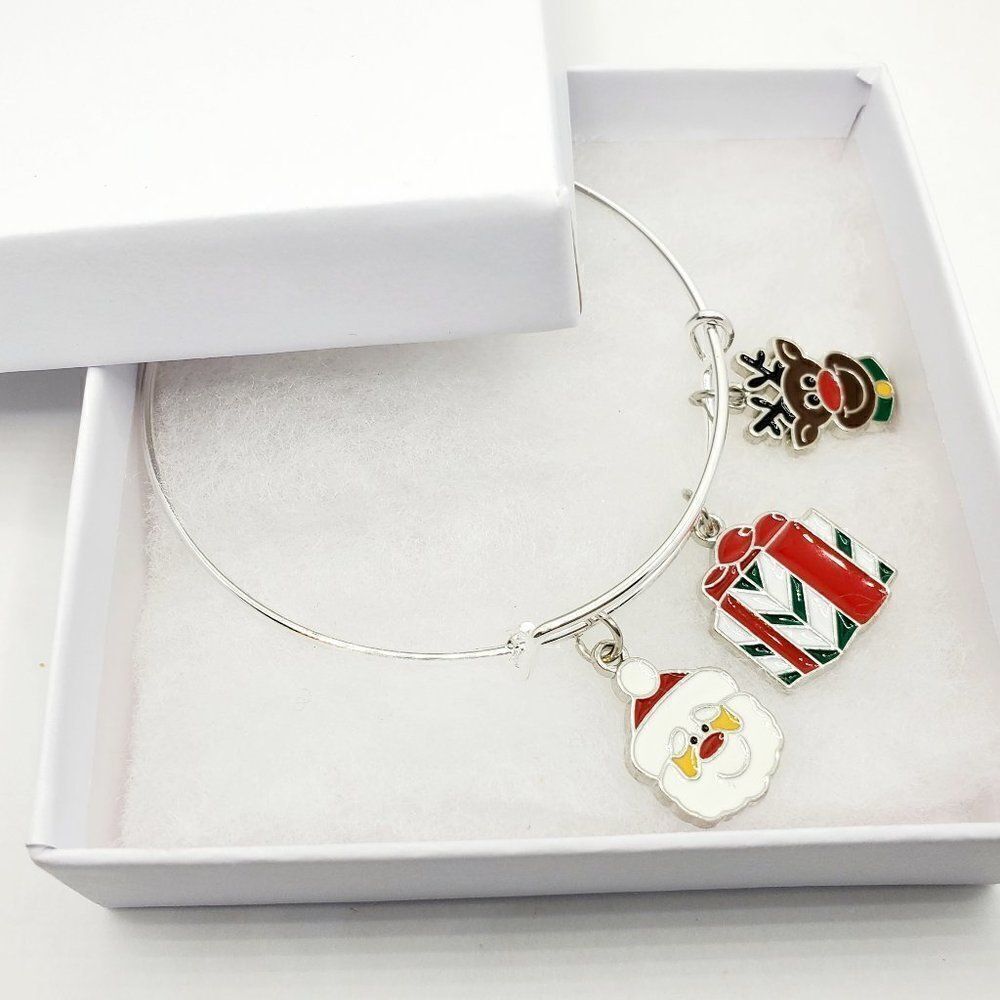 Christmas Santa, Present, and Reindeer Charm Bracelet, Silver Adjustable Jewelry